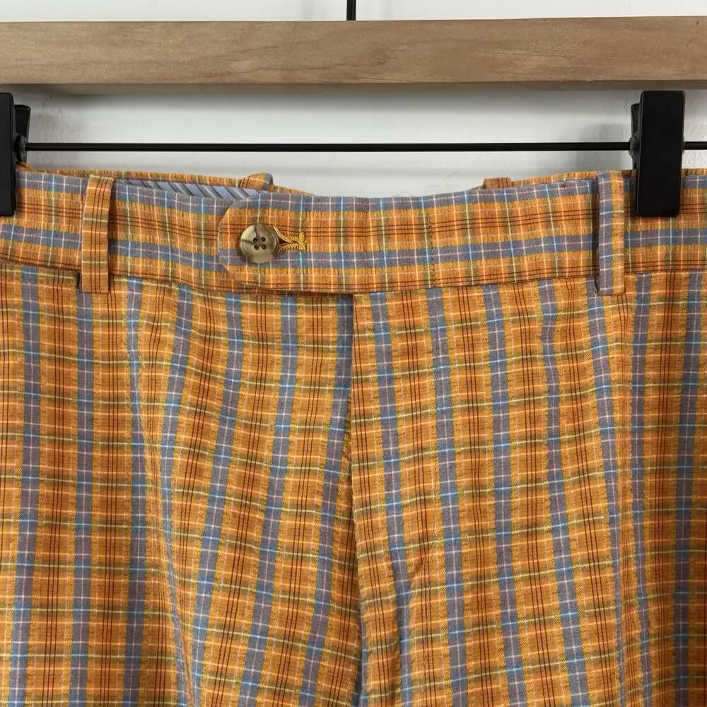 Peter Millar Men Shorts 38 Orange Blue Plaid Golf Cotton Flat Front Casual